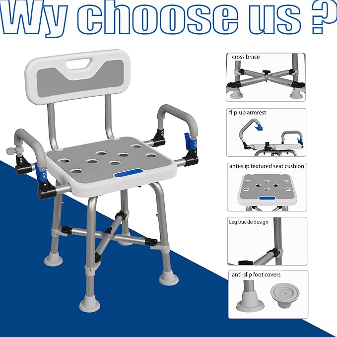 Shower Chair for Seniors Elderly Handicap Disabled Or Bariatric Adults Heavy Duty 500 Lbs Bench Seat for Inside Shower Stall and Bathroom Bath Tub with Arms and Back Adjustable Stool Chairs