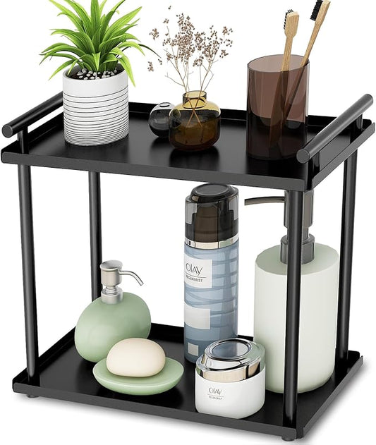 2 Tier Bathroom Organizer Countertop, Bathroom Counter Organizer, Small Vanity Shelf Skin Care Countertop Organizers and Storage Makeup for Dresser, (Black)