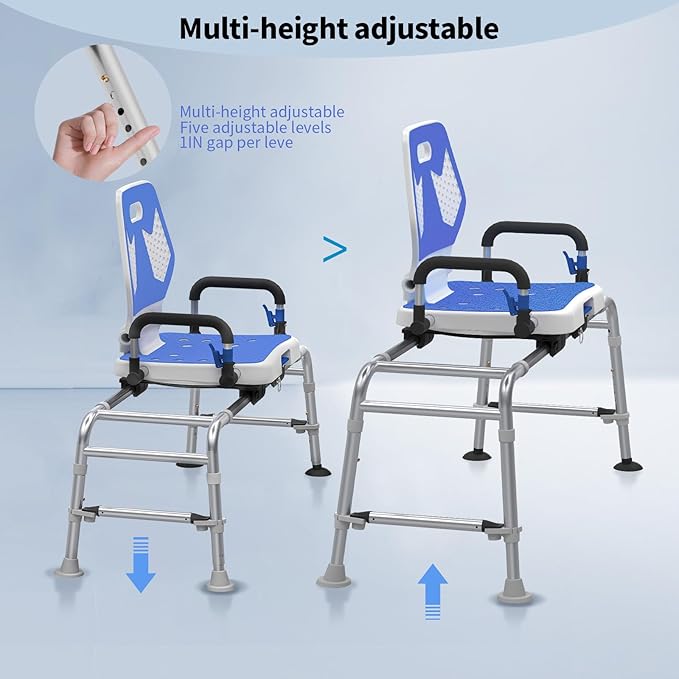 Sliding Shower Chair Swivel Tub Transfer Bench with Backrest with Non Slip Suction Cups 400lbs Weight Capacity Adjustable Height Shower Seat for Elderly Disabled Bathing Inside Shower