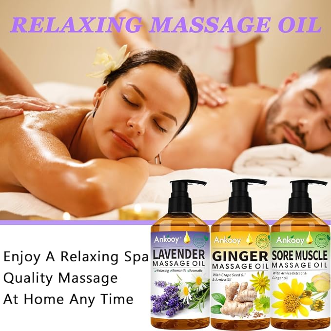 3 Pack Massage Oil for Massage Therapy,Sore Muscle Arnica Oil & Relaxing Lavender Oil & Ginger Oil Lymphatic Drainage & Massage Ball,Spa Massage Christmas Gifts for Men,Stocking Stuffers for Women