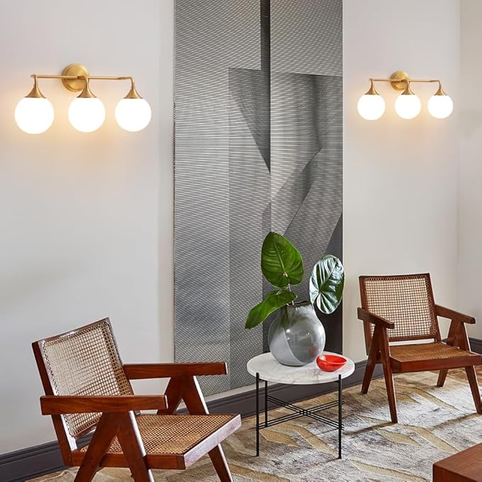 Gold Bathroom Light Fixtures, Modern Vanity Lighting Over Mirror, Mid Century Brushed Brass Wall Sconce 3-Light with Milky White Glass Ball Shades