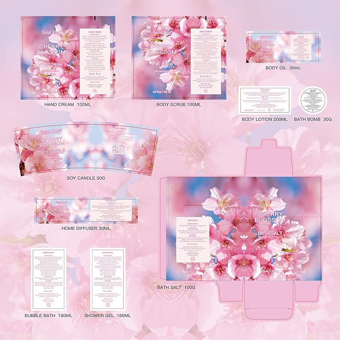 Bath & Body Gift Set, Luxury Home Spa Bath Gift Basket, Cherry Blossom spa kit for women,bath basket Christmas Gifts for Women & Teens, 12 Pcs Bath Spa Kit for women Body Kit Birthday Gift Christmas