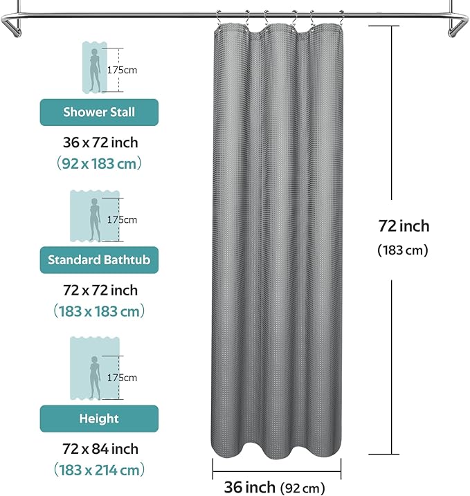 3 in 1 Shower Curtain Set, Waffle Shower Curtain and Liner Set with 6 Double Sided Shower Curtain Hooks, 258GSM Luxury Weighted Cloth Shower Curtains for Bathroom, 36 W x 72 H, Grey