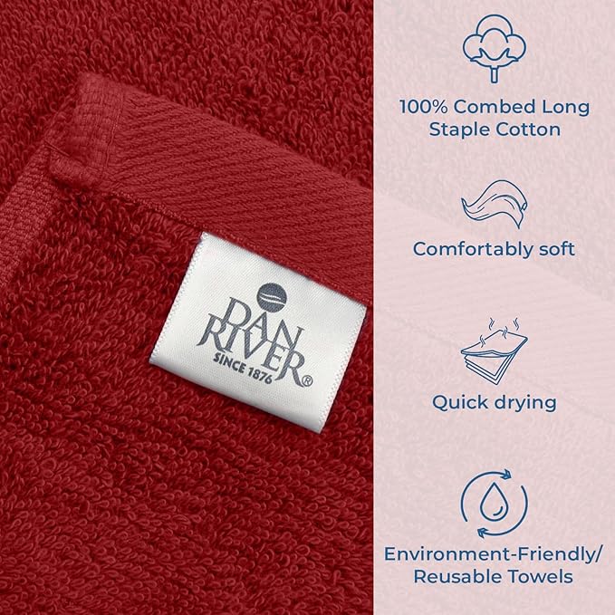 DAN RIVER Bath Towels Set of 4, 27 x 54 Inches, 100% Cotton, Larger & Lighter Weight, Quicker to Dry, Super Soft and Absorbent, Ideal Absorbent Bath Towels for Daily Use, Red