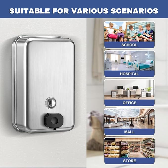 2 Pack Commercial Wall Mount Soap Dispenser 1100ml/37oz Each – Heavy Duty Stainless Steel Liquid Hand Soap Dispenser with Anti-Leak Pump & Corrosion-Proof Liner for Bathroom, Kitchen, Hotel (Vertical)