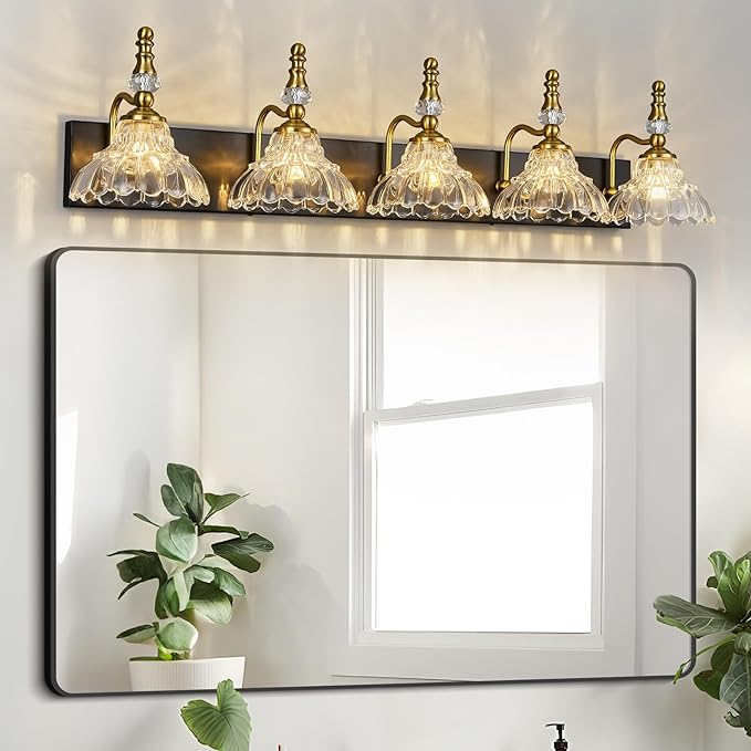 Vintage Bathroom Vanity Light, 5-Light Black Gold Vanity Lighting Fixture with Flower Glass Shade, Bathroom Lighting Fixtures Over Mirror