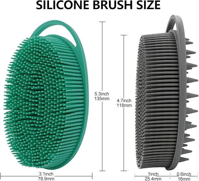 2 Pack Silicone Body Scrubber, Loofah Double-Sided Body Brush,Shower Scrubber and Scalp Massager Shampoo Brush for Sensitive Kids Women Men All Kinds of Skin (Green & Gray)