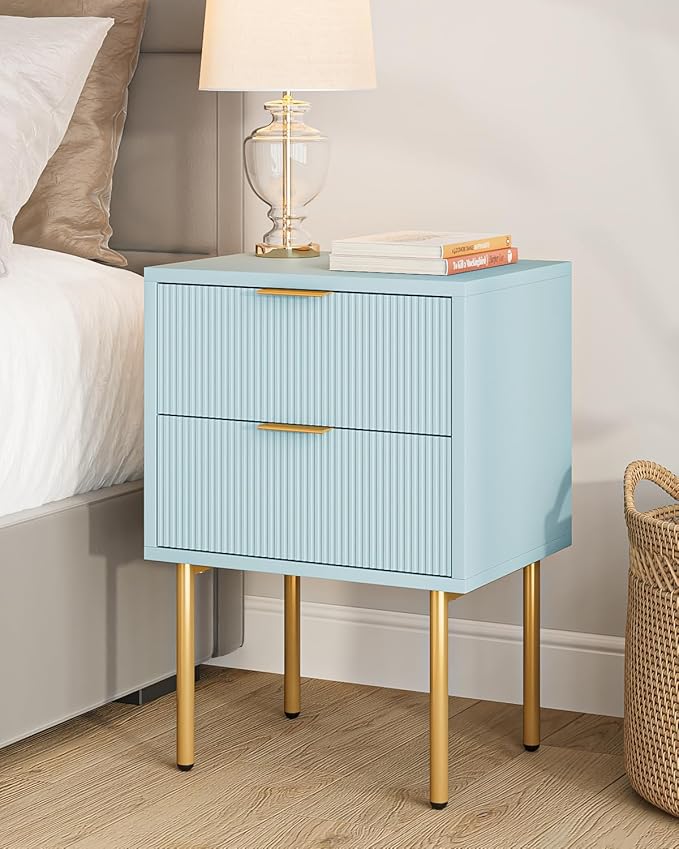 Masupu Night Stand,Mid-Century Modern Bedside Table with 2 Storage Drawer,Small Gold Frame Side End Table for Bedroom,Living Room, Blue