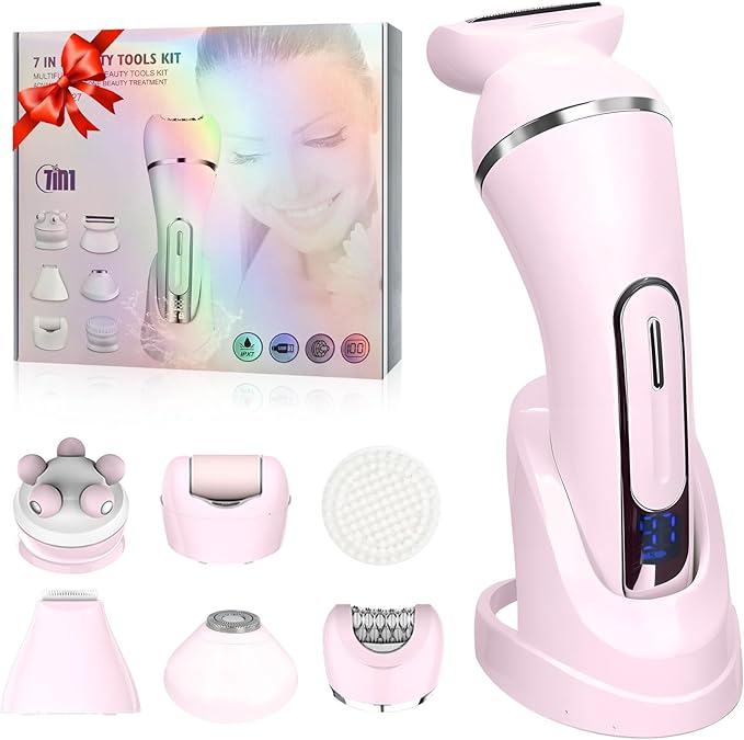 3.0 Women Face Epilator, 7-in-1 Rechargeable Facial Hair Remover with LED Battery Display, Facial Shaver for Face, Eyebrow, Nose Trimmer (Pink)