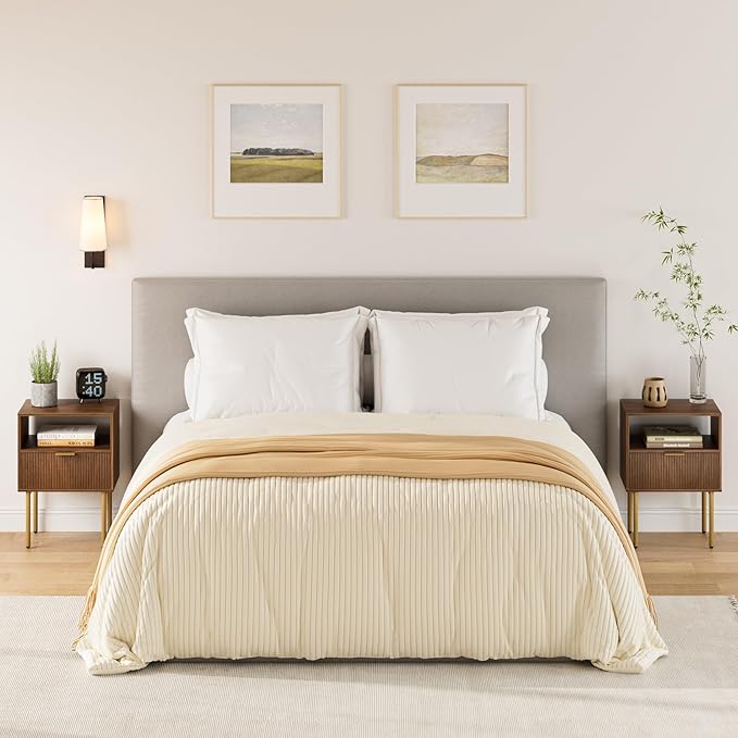 Masupu Night Stand,Mid-Century Modern Bedside Table with Storage Drawer and Open Wood Shelf,Small Gold Frame Side Table for Bedroom,Living Room, Walnut