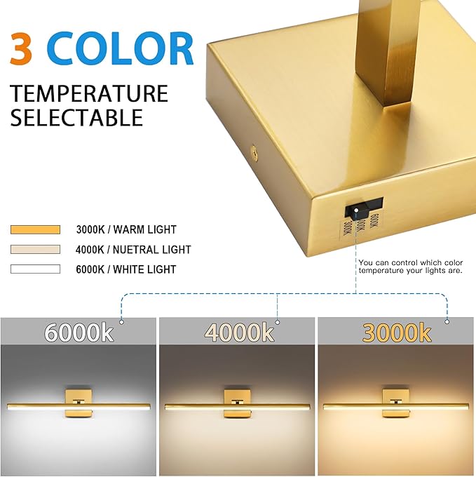 24 Inch LED Bathroom Vanity Light (3000K/4000K/6000K, Dimmable), Brass Modern Bathroom Light Fixture Over Mirror, Vanity Light Bar with Angle Adjustable