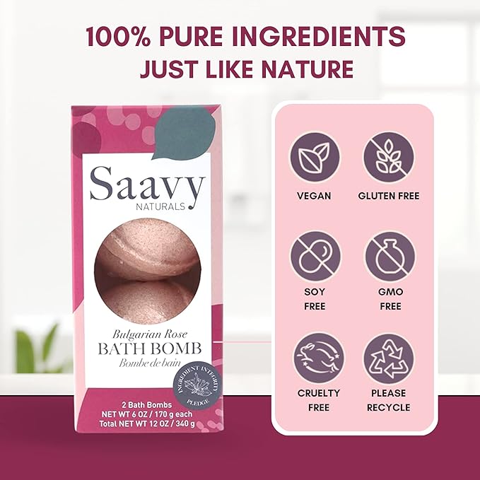Saavy Naturals Bath Bombs, Indulgent Bulgarian Rose Scent, Gentle Moisturizig Formula, Foaming Fizz Bubbles, Gift for Women and Kids, 6 Oz Each, 2 Pack