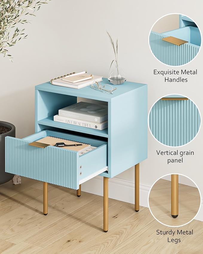 Masupu Night Stand,Mid-Century Modern Bedside Table with Storage Drawer and Open Wood Shelf,Small Gold Frame Side Table for Bedroom,Living Room, Blue