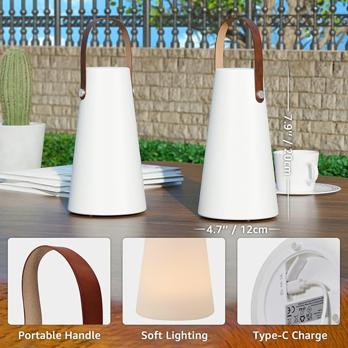 2 Pack Outdoor Lanterns, GGII Rechargeable Camping Lantern with IP44 Waterproof, Battery Operated Outdoor Portable Cordless Table Lamp with RGB Lights for Patio Balcony Garden (Leather Handle)