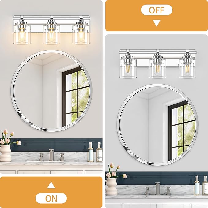 3 Light Modern Bathroom Light Fixtures Over Mirror, Chrome Vanity Lights for Bathroom Wall Sconces with Clear Glass Shades, E26 Socket (Bulbs Not Included)