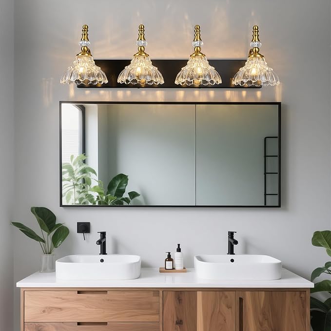 Vintage Bathroom Vanity Light, 4-Light Black Gold Vanity Lighting Fixture with Flower Glass Shade, Bathroom Lighting Fixtures Over Mirror