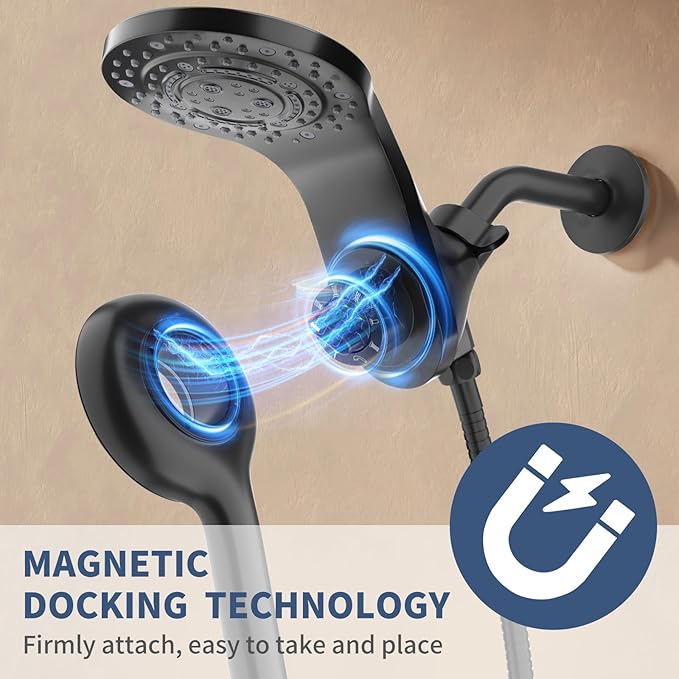 KAIYING Magnetic Rain Shower Head with Handheld Spray Combo, High Pressure Magnetix Dual Shower Head with 9 Spray Modes, Bathroom Big Modern Waterfall Showerhead with 5 Settings (Matte Black)