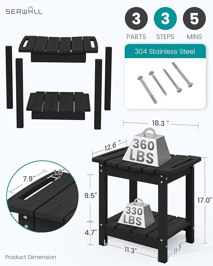 SERWALL Shower Bench, 18" Shower Stool for Inside Shower, HDPE Waterproof Shower Seats for Adults with Storage Shelf & Handles, 360 lbs Capacity- Black