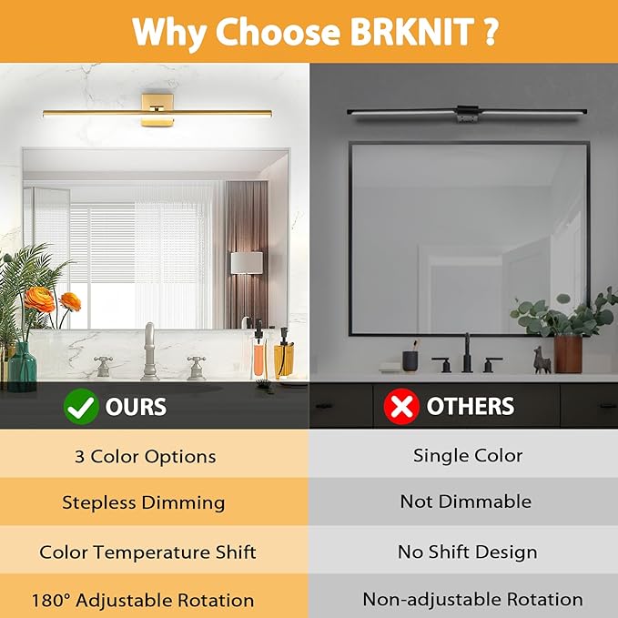 32 Inch LED Bathroom Vanity Light (3000K/4000K/6000K, Dimmable), Brass Modern Bathroom Light Fixture Over Mirror, Vanity Light Bar with Angle Adjustable