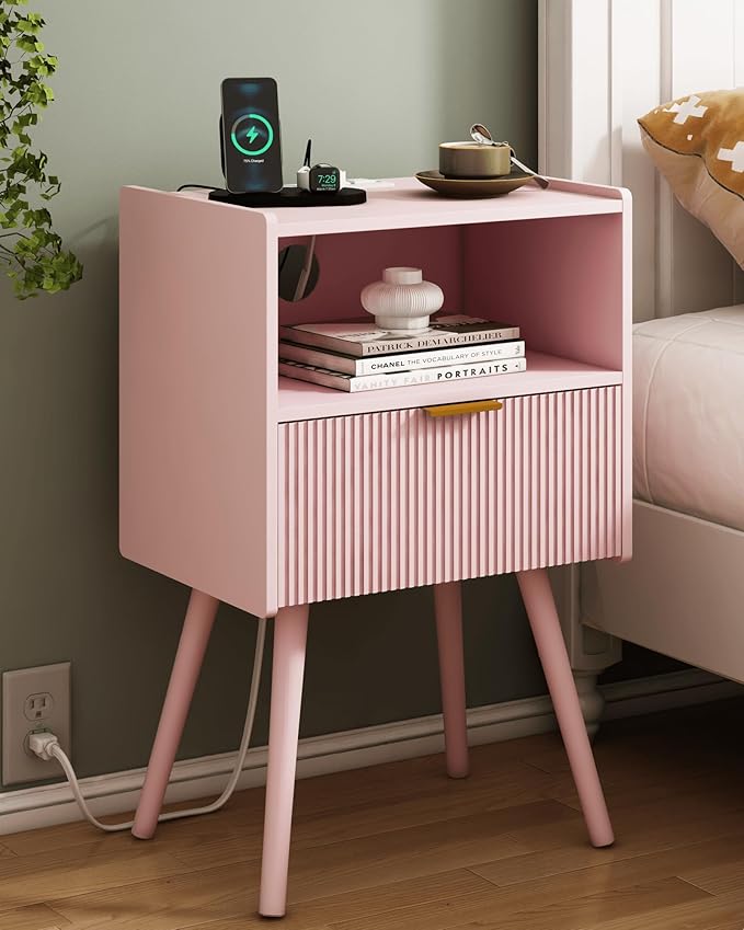 Nightstand with Oultlet,Modern Bedside Table with Storage Drawer and Open Wood Shelf, for Living Room, Bedroom and Small Spaces, Accent Night Stand with Solid Wood Legs, Easy Assembly,Pink