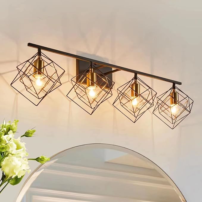 4 Light Vanity Light for Bathroom,Bathroom Light Fixtures Over Mirror with Rotatable 4 Cube Shades, Modern Wall Mounted Lights Matte Black,Industrial Black Vanity Light for Hallway Living Room