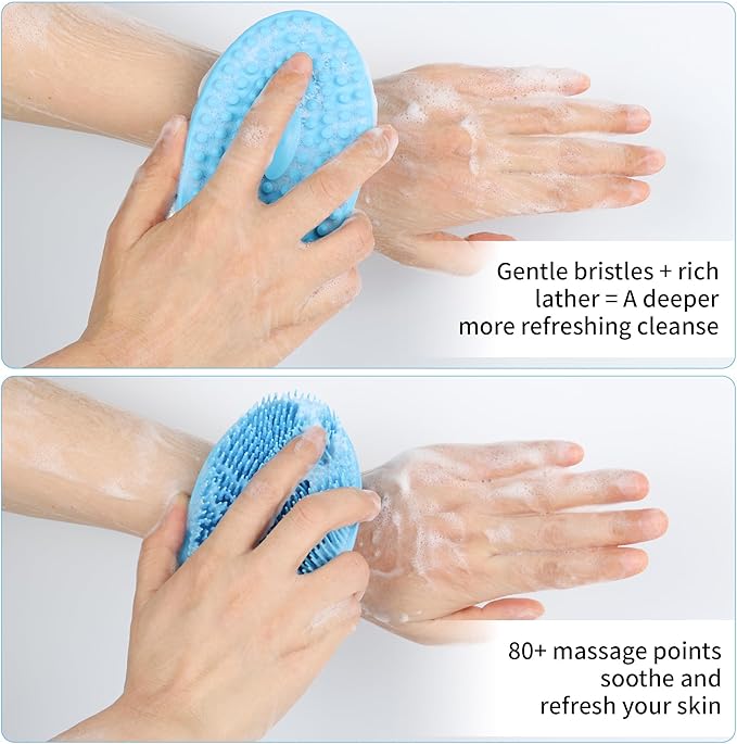 2 Pack Silicone Body Scrubber for Shower, Soft & Gentle Loofah Alternative for Sensitive Skin, Quick-Drying & Hygienic Body Wash Scrubber Brush for Women, Men & Kids (Blue & Pink)