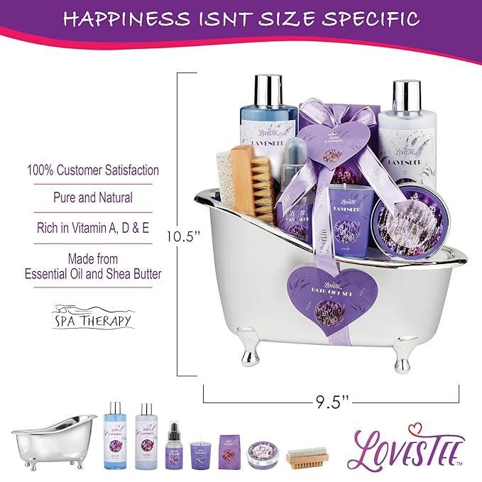 Christmas Gifts, Relaxing Lavender Spa Gift Baskets for Wome Birthday, Bath and Body Set-Kit Includes Candle, Essential Oil, Body Scrub, Bath Salt, Body Lotion, Shower Gel and Body Scrub Brush