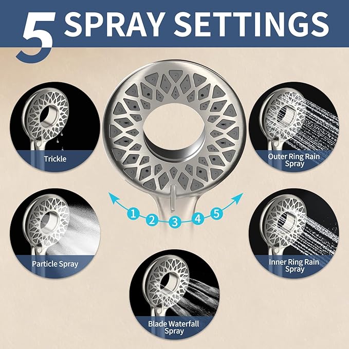 KAIYING Magnetic Rain Shower Head with Handheld Spray Combo, High Pressure Magnetix Dual Shower Head with 9 Spray Modes, Bathroom Big Modern Waterfall Showerhead with 5 Settings (Brushed Nickel)