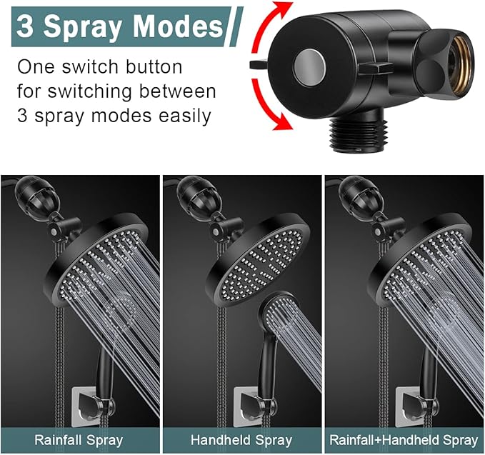 Taiker Filtered Shower Head, High Pressure Rainfall Shower Head/Handheld Shower Filter Combo, Luxury Modern Chrome Plated with 60'' Hose Anti-leak with Holder (Black)