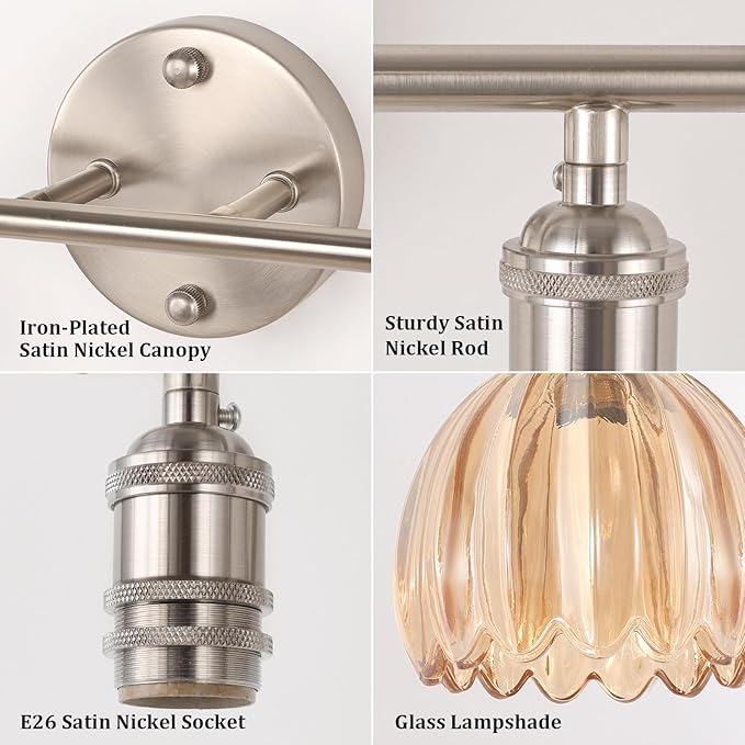 Bathroom Light Fixtures, 2-Light Vanity Wall Light Over Mirror with Amber Tulip Glass Shade for Bedroom Living Room (Bulb Not Included), Satin Nickel