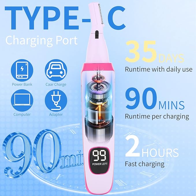 2 in 1 Nose and Ear Hair Trimmer with LED Display, Rechargeable Electric Nasal Hair Clipper for Men & Women, Eyebrow & Facial Hair Removal with Dual-Edge Blades, Easy to Clean