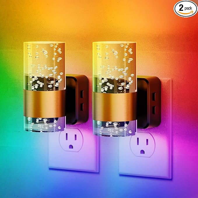 JandCase Night Lights Plug into Wall,2 Pack Color Changing Night Light for Kids, 3000K+RGB 10-Color LED Nightlight with Dusk to Dawn Sensor, 10/50/100LM Adjustable Brightness for Rooms Home Decor