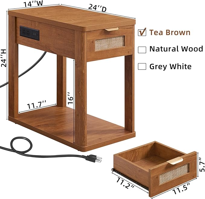 LEYAOYAO Narrow Side Table Set 2 with Charging Station, 24x14''Rattan Night Stand with Drawer Storage,Bedside End Table with Metel Handle for Small Spaces, Wood Boho Nightstand for Living Room Bedroom