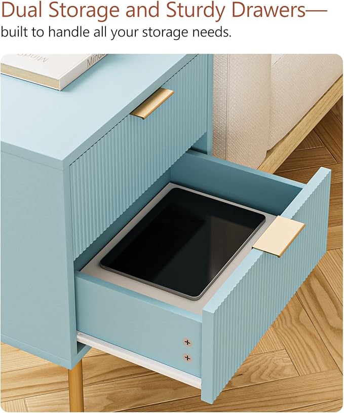 Masupu Night Stand,Mid-Century Modern Bedside Table with 2 Storage Drawer,Small Gold Frame Side End Table for Bedroom,Living Room, Blue