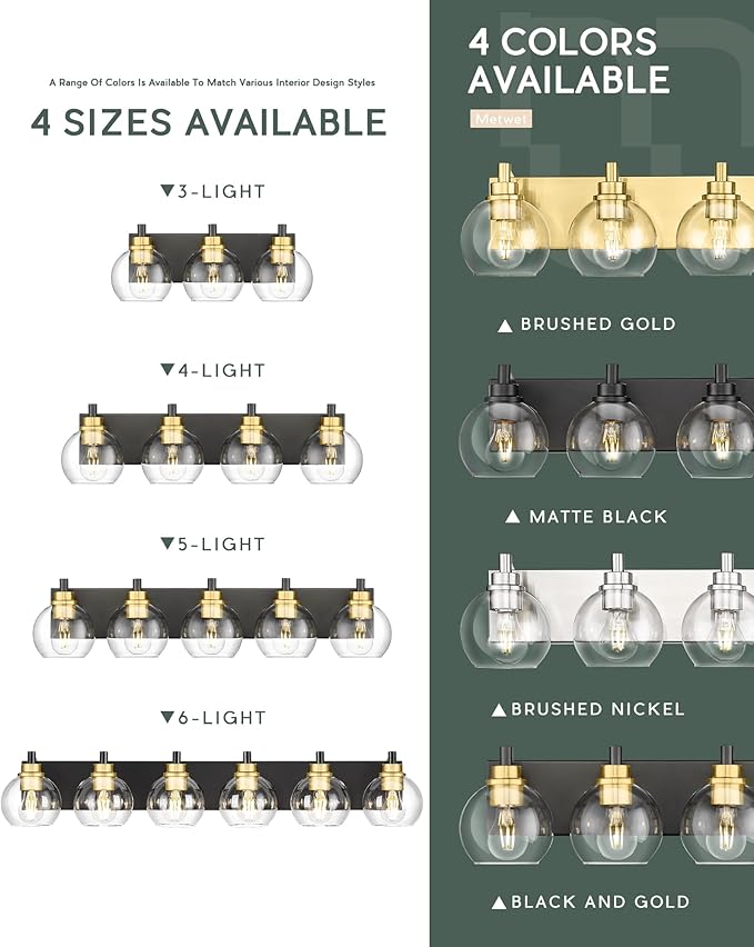 Bathroom Light Fixtures, 6-Light Black and Gold Bathroom Vanity Light, 38 Inch Modern Wall Sconces with Globe Clear Glass Shade, Vanity Lighting Fixtures Over Mirror, VL195-KG-6