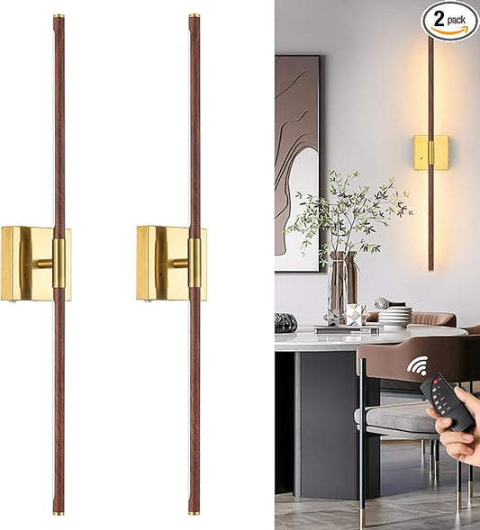 30″ Walnut Battery Operated Wall Sconces with Remote Control, Rechargeable Wall Sconces Set of 2, LED Sconces Wall Lighting, Wireless Wall Lights for Bedroom, Living Room, Background Wall