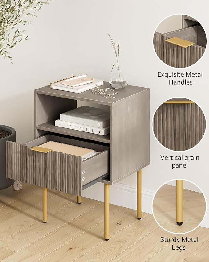 Masupu Night Stand,Mid-Century Modern Bedside Table with Storage Drawer and Open Wood Shelf,Small Gold Frame Side Table for Bedroom,Living Room, Grey
