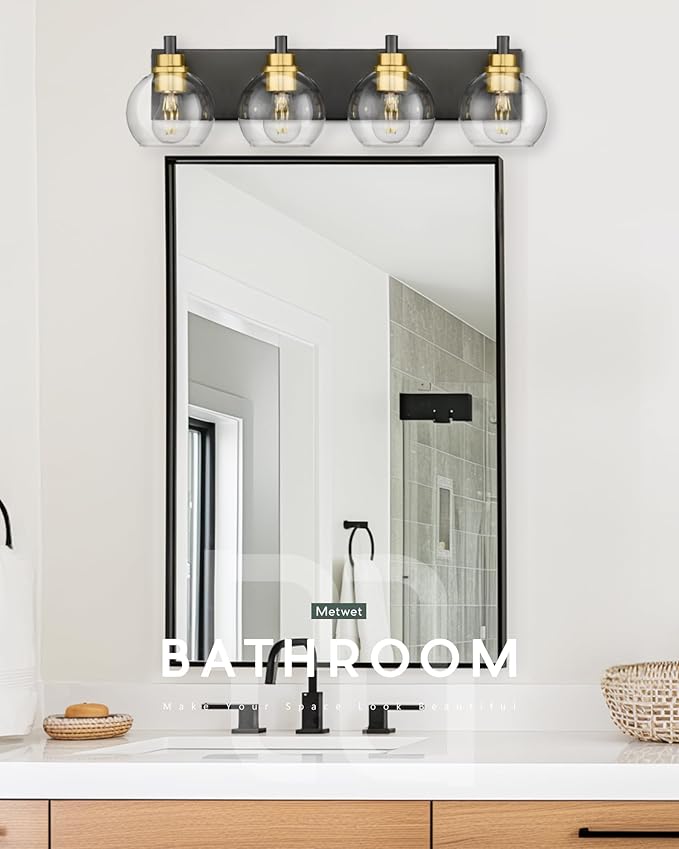 Bathroom Light Fixtures, 4-Light Black and Gold Bathroom Vanity Light, 26 Inch Modern Wall Sconces with Globe Clear Glass Shade, Vanity Lighting Fixtures Over Mirror, VL195-KG-4
