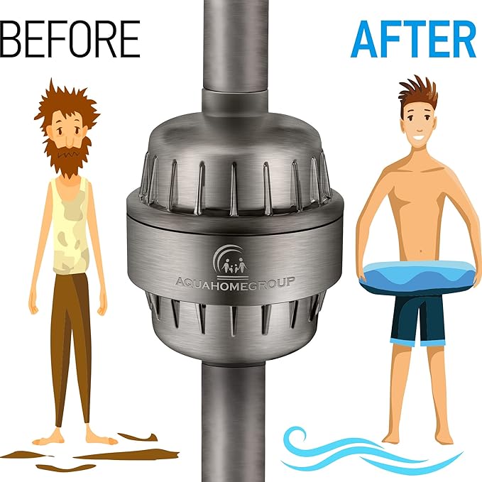 AquaHomeGroup 20 Stage Shower Head Filter with Vitamin C E A for Hard Water - High Output Filter to Remove Chlorine and Fluoride - 2 Replacement Cartridges - Consistent Flow Showerhead Filter