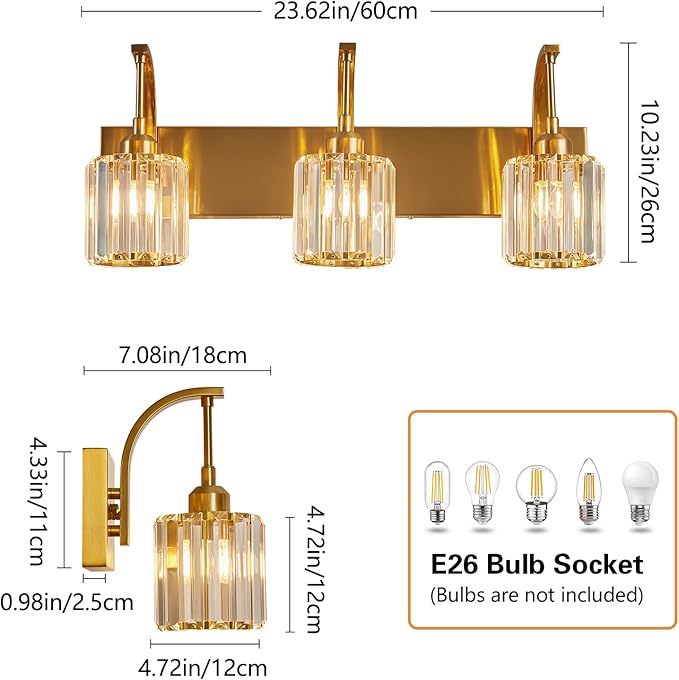 3-Light Crystal Vanity Light, Modern Gold Bathroom Wall Sconce with K9 Crystal Shades, 23.62" Long Over Mirror Lighting for Vanity, Makeup, Hallway, Elegant & Durable