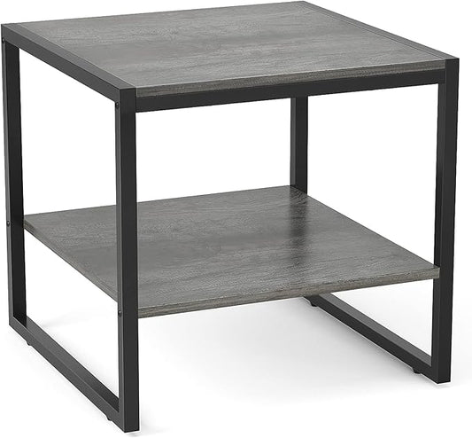 Homieasy End Table, 20 Inch Square End Table, Mini Fridge Stand with 2-Tier Storage Shelves, Industrial Wood Side Tables for Living Room, Black Oak