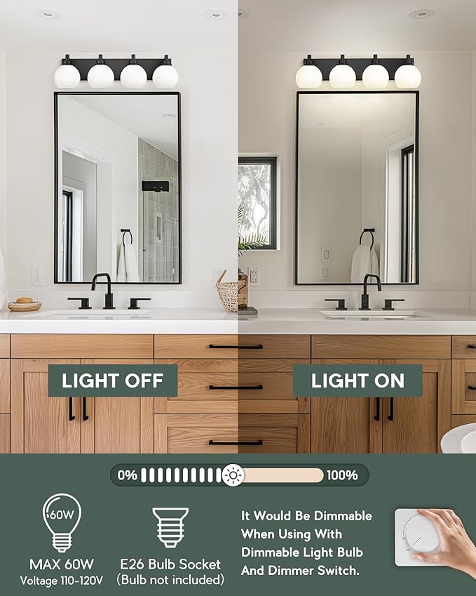 Bathroom Light Fixtures, 4 Light Matte Black Vanity Light, 26 Inch Modern Wall Sconces with Globe Milk White Glass Shade, Vanity Lighting Fixtures Over Mirror, VL195-MB-ML-4