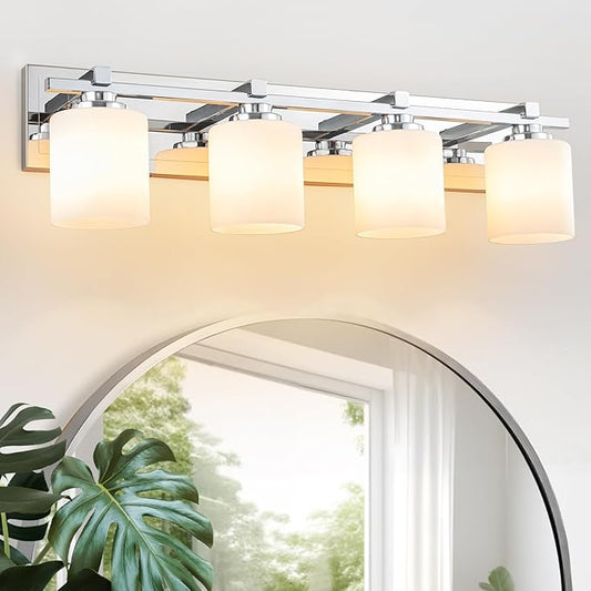 4 Light Modern Bathroom Light Fixtures Over Mirror, Chrome Vanity Lights for Bathroom Wall Sconces with Milky White Glass Shades, E26 Socket (Bulbs Not Included)
