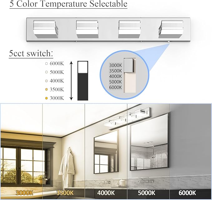 Ralbay 30inch Chrome Vanity Light for Bathroom with 5 Color Temperatures (3000K-6000K) Dimmable Stainless Steel Acrylic LED Modern Chrome Bathroom Light Fixtures (4-Light)