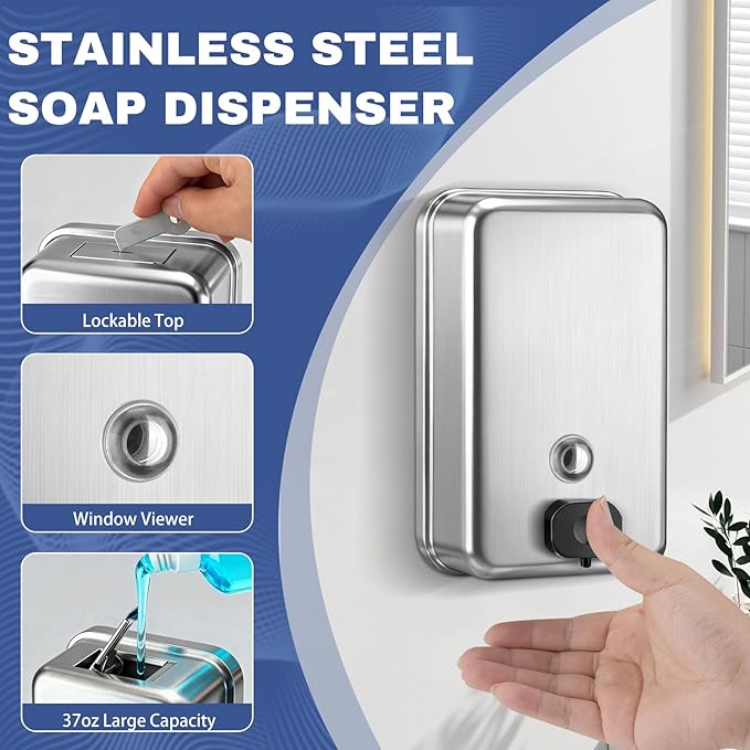 2 Pack Commercial Wall Mount Soap Dispenser 1100ml/37oz Each – Heavy Duty Stainless Steel Liquid Hand Soap Dispenser with Anti-Leak Pump & Corrosion-Proof Liner for Bathroom, Kitchen, Hotel (Vertical)