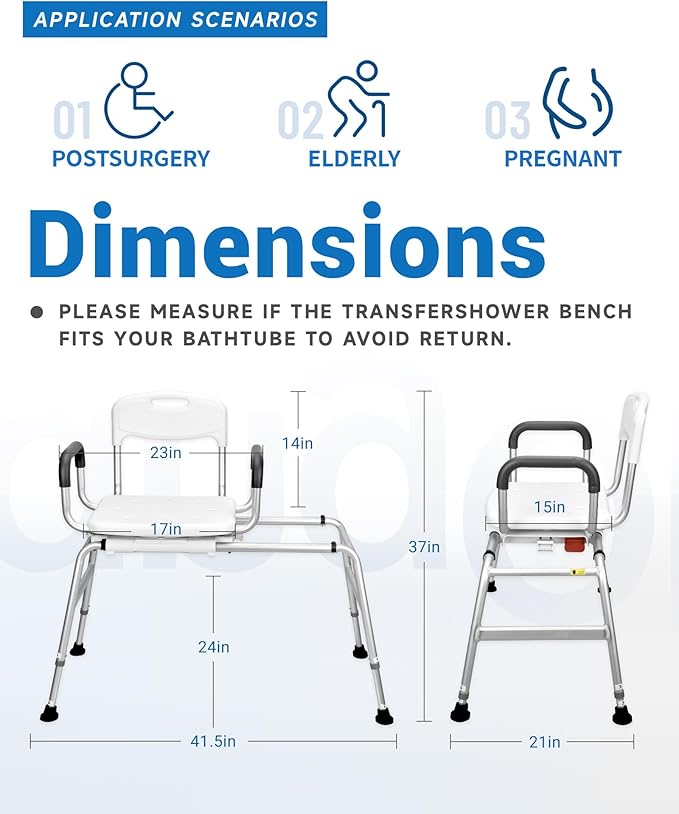 Sangohe Shower Chair for Inside Shower, Sliding Shower Chair, Tub Transfer Bench with 360⁰ Swivel Seat, Tub Transfer Benches for Bathtubs, Medical Shower Seat for Elderly and Disabled, 788B