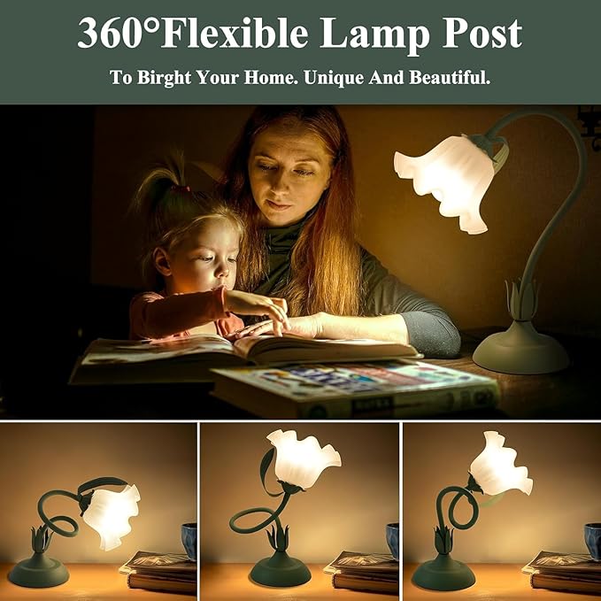 2Pack Flower Table Lamp, 3 Level Brightness Vintage Flower Reading Light with E26 Bulb, Cute Desk Lamp Bedside Lamps Lily Lamps for Nightstands Living Room Bedroom Ambient Lighting Home Decor