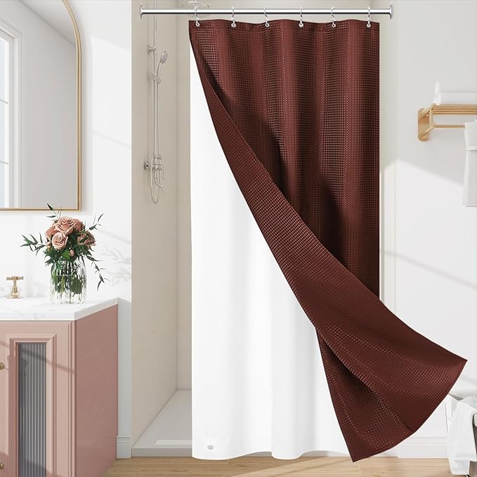 3 in 1 Stall Half Size Brown Shower Curtain Set-36 W x 72 H, Modern Waffle Waterproof Fabric and PEVA Liner Set with Stainless Steel Hooks