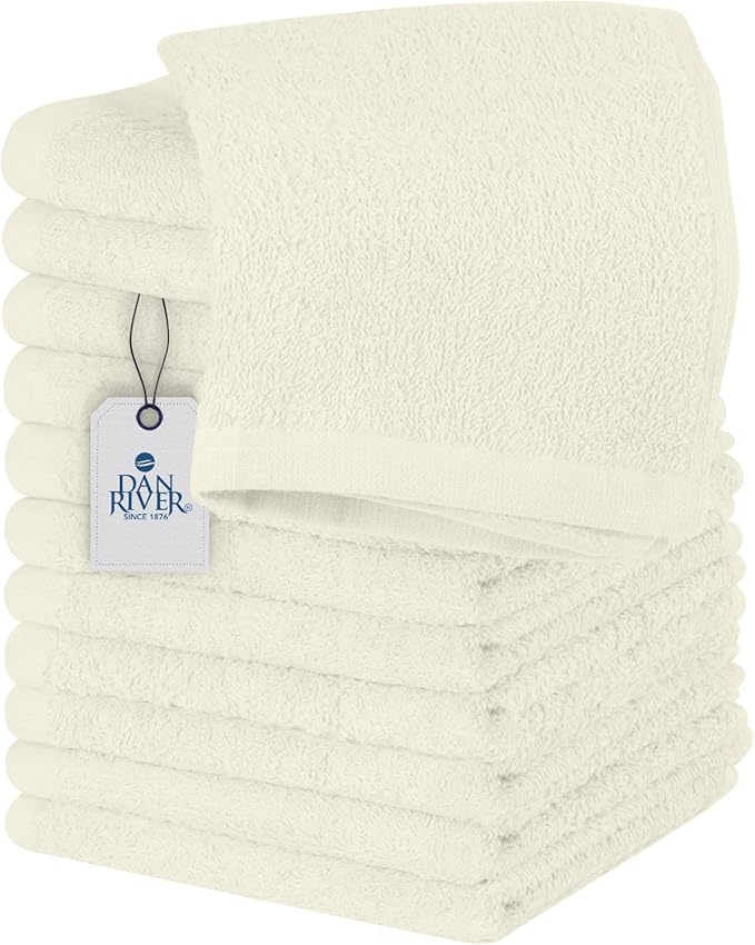 DAN RIVER 12 Pack Wash Cloths for Showering [12x12] - 100% Cotton Washcloths Premium Quality Flannel Face Cloths for Bathroom, Highly Absorbent and Soft Feel Wash Clothes, Ivory