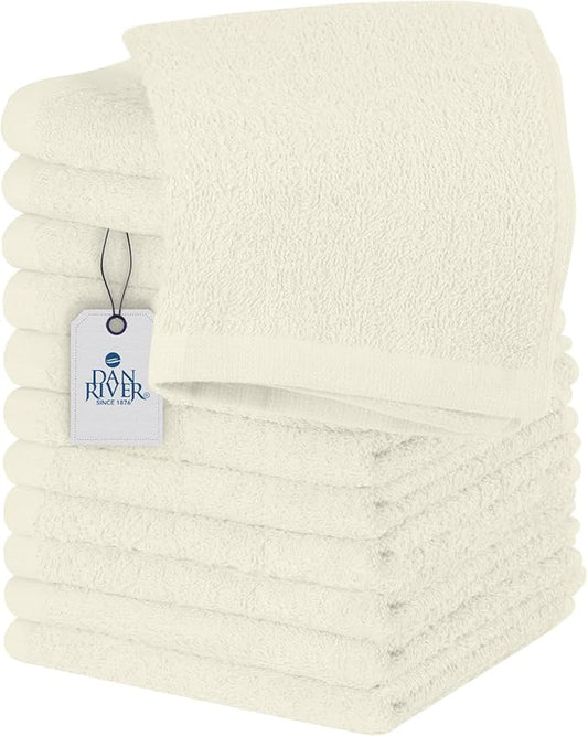 DAN RIVER 12 Pack Wash Cloths for Showering [12x12] - 100% Cotton Washcloths Premium Quality Flannel Face Cloths for Bathroom, Highly Absorbent and Soft Feel Wash Clothes, Ivory